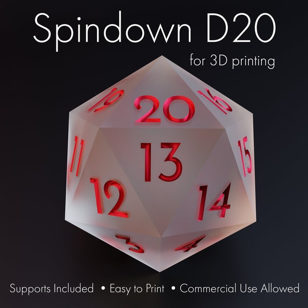 3D Printable Spindown D20: Printable Dice Masters, STLs for 3D Printing, Presupported, Sharp-Edged Dice, Ready-to-Print, Spindown Counter