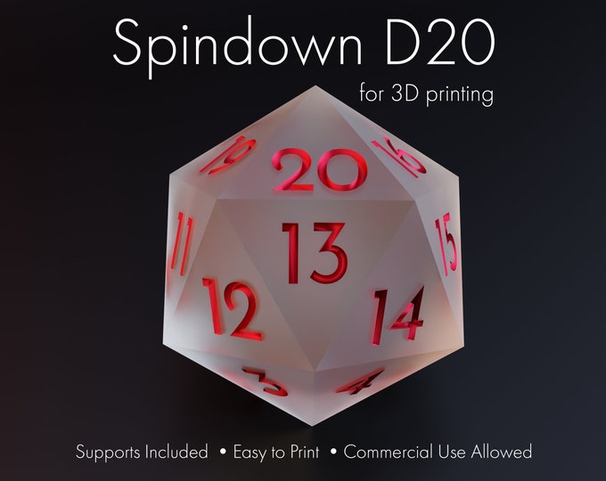 3D Printable Spindown D20: Printable Dice Masters, STLs for 3D Printing, Presupported, Sharp-Edged Dice, Ready-to-Print, Spindown Counter