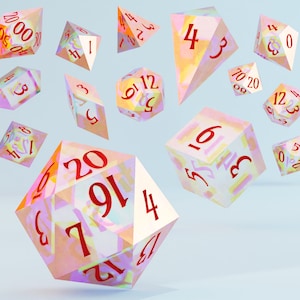 May include: A set of ten iridescent dice with red numbers. The dice are in various shapes and sizes, including a d20, d12, d10, d8, d6, and d4. The dice are floating in the air against a light blue background.
