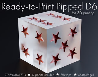 3D Printable Pipped D6 : Star Pips, Sharp-Edged Pipped Dice, STL pour l'impression 3D, Presupported, Ready-to-Print, Dice Masters imprimables