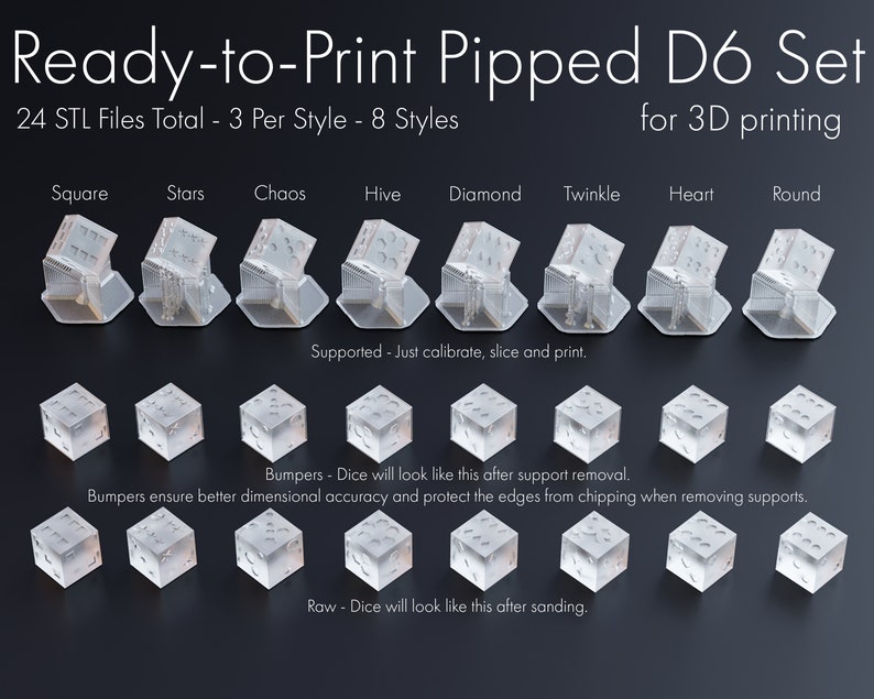 Pu&ograve; includere: Un set di otto diversi stili di dadi stampabili in 3D, ognuno con un design unico. I dadi sono mostrati in due stati: supportati e grezzi. Il testo "Ready-to-Print Pipped D6 Set for 3D printing" &egrave; in cima all'immagine. Il testo "24 STL Files Total - 3 Per Style - 8 Styles" &egrave; sotto il titolo. Il testo "Supported - Just calibrate, slice and print." &egrave; sotto la prima riga di dadi. Il testo "Bumpers - Dice will look like this after support removal." &egrave; sotto la seconda riga di dadi. Il testo "Bumpers ensure better dimensional accuracy and protect the edges from chipping when removing supports." &egrave; sotto la seconda riga di dadi. Il testo "Raw - Dice will look like this after sanding." &egrave; sotto la terza riga di dadi.
