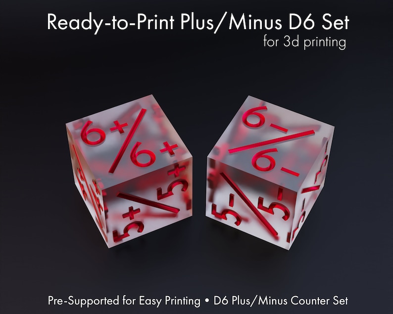 May include: Two clear plastic dice with red numbers. The dice are marked with plus and minus signs. The dice are pre-supported for easy printing.  D6 Plus/Minus Counter Set.