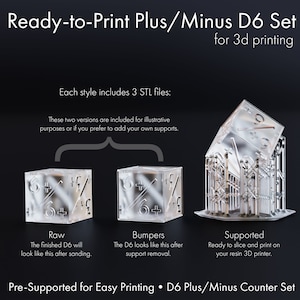 May include: Three 3D printed dice with plus and minus symbols. The dice are shown in three different styles: raw, with bumpers, and supported. The text "Ready-to-Print Plus/Minus D6 Set for 3d printing" is at the top of the image. The text "Pre-Supported for Easy Printing. D6 Plus/Minus Counter Set" is at the bottom of the image.