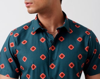 Geo Print Slim Fit Shirt | Short Sleeve Button Up Shirt | Hawaiian Shirt | Party Shirt | Boyfriend Gift | Vacation Shirt