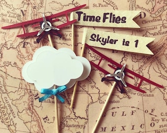 Aviation Cupcake Toppers: Plane, Cloud, & Flag Designs