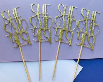 She Said Yes Glitter Cupcake Toppers: Bachelorette Party Decorations