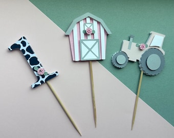 Farm Animal Cupcake Toppers: Barn, Tractor, Number Designs