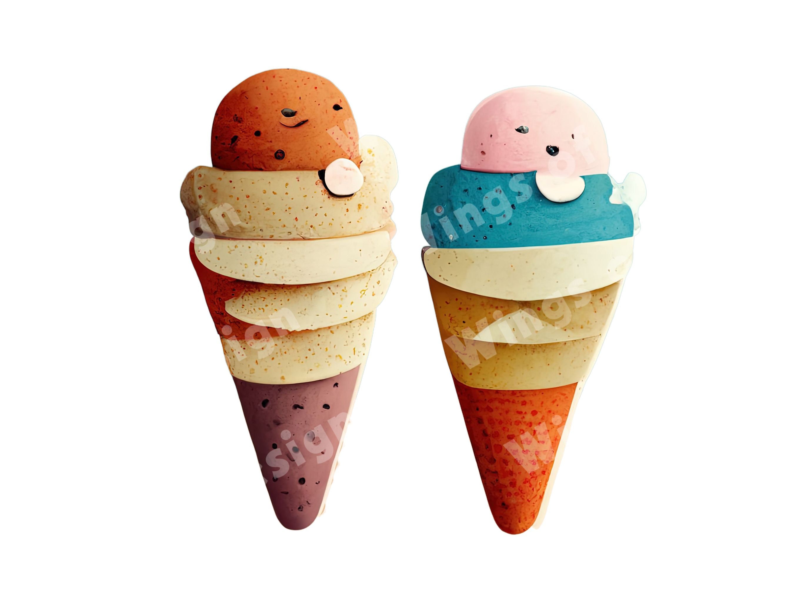 Funny Face Ice Cream Cones Clipart Illustration Downloadable PNG File