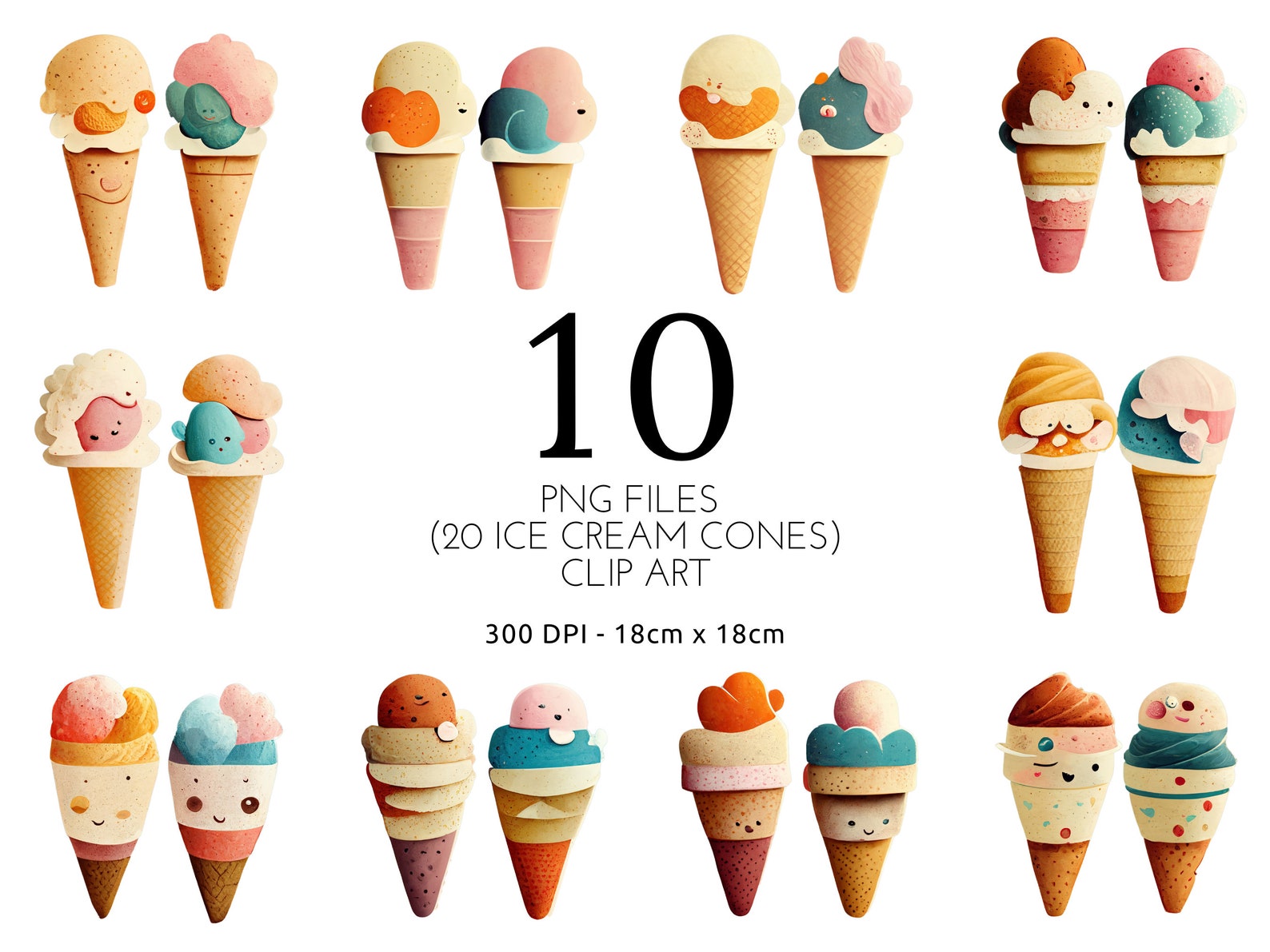 Funny Face Ice Cream Cone Clipart Illustration Bundle Etsy