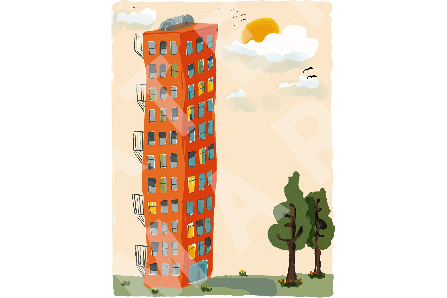 Tower Block Building Architecture PNG Digital Illustration Art Etsy UK