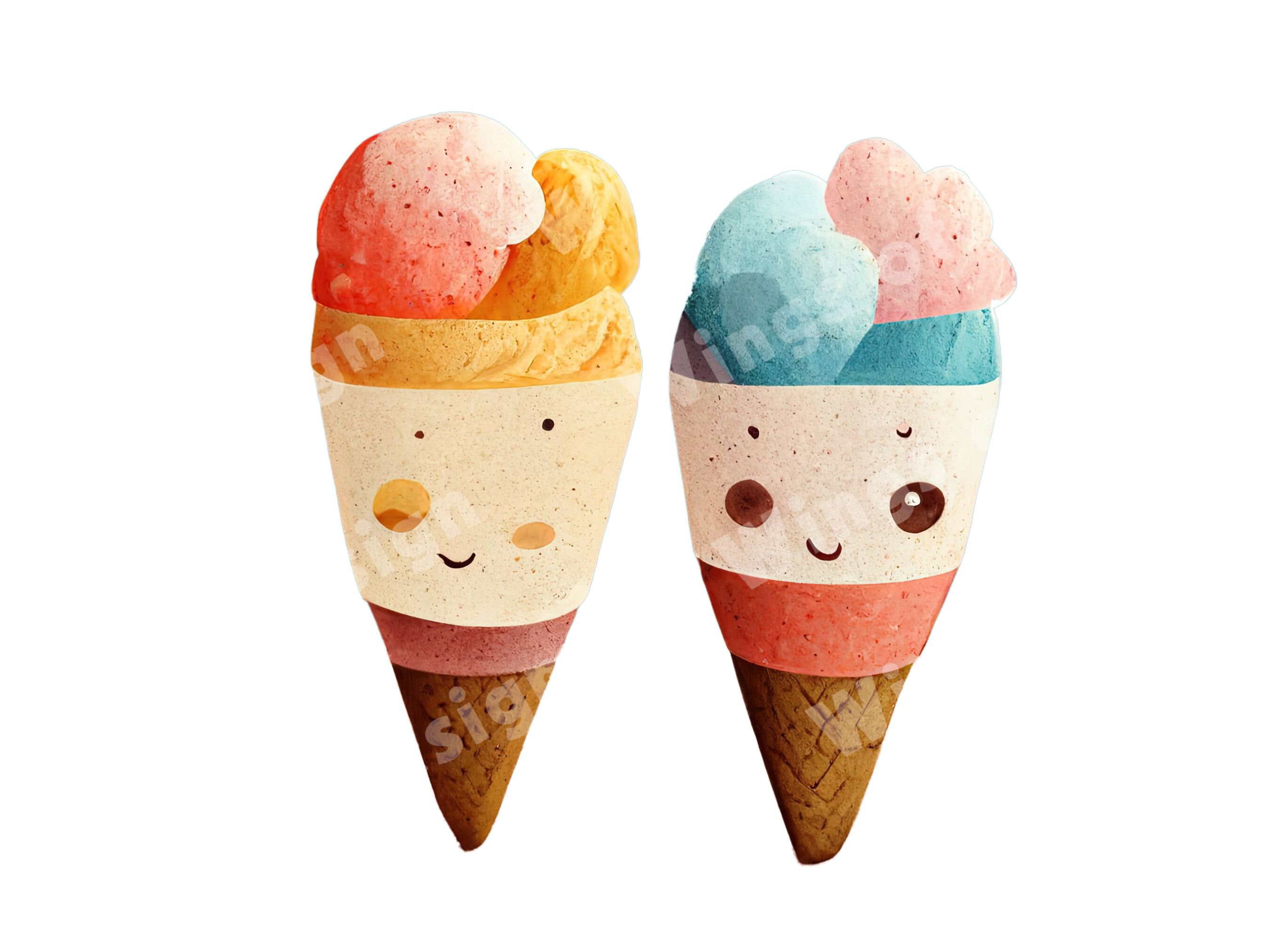 Funny Face Ice Cream Cone Clipart Illustration Downloadable Etsy