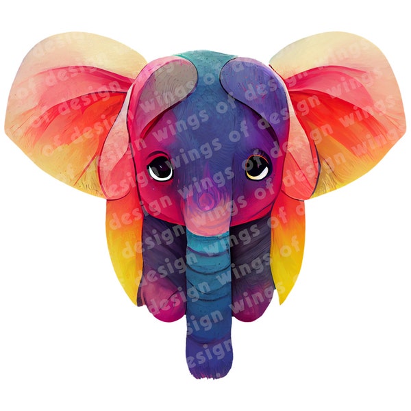 Mignon éléphant coloré Clipart Illustration - Fichier PNG téléchargeable, Fond transparent, Graphique imprimable, Animal, Nature No 1