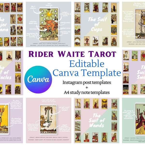 Rider Waite Tarot Card Canva Template - Fully Editable Tarot Instagram Posts and A4 Letter Size Study Notes And Interpretations