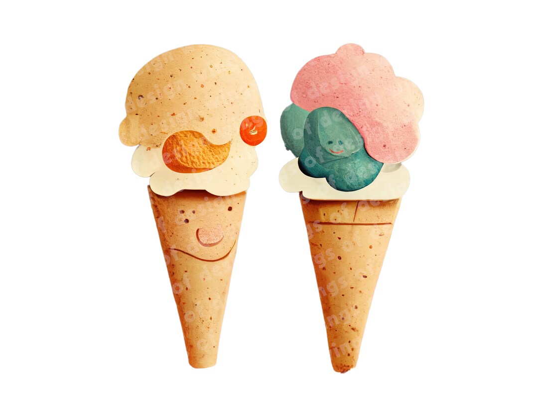 Funny Face Ice Cream Cone Clipart Illustration Downloadable PNG File