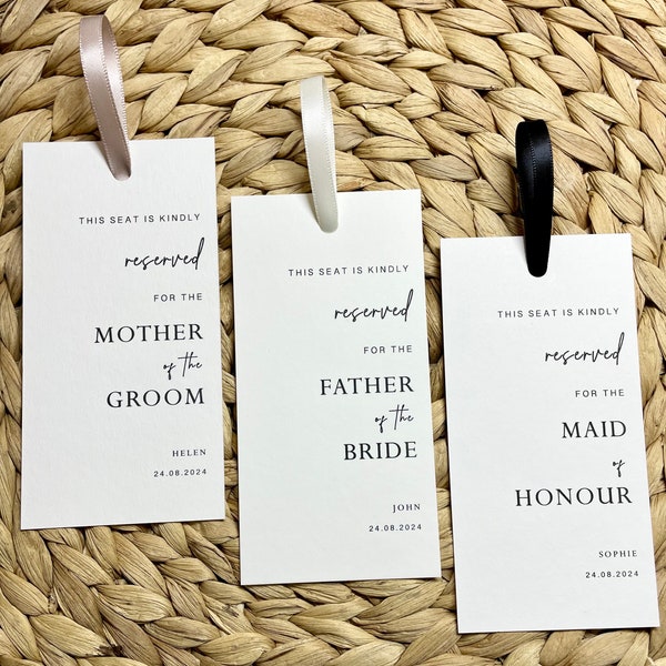 Personalised Wedding Reserved Tags, Ceremony Reserved Seating, Wedding Chair Tag, Seat Sign, Minimalist, Wedding Stationery, Wedding Decor