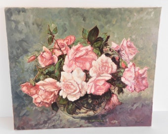 May include: A painting of a bouquet of pink roses in a clear glass vase. The roses are arranged in a loose, natural style, and the vase is sitting on a table with a green background.