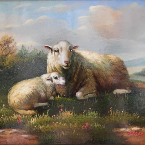 Original Oil Painting on wood panel, sheep in store landscape, framed.