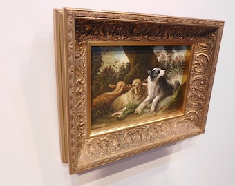 Original Oil Painting on canvas + panel, (marouflé) sheep and a dog in landscape, signed and framed.