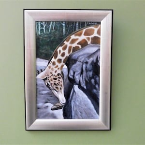 Original Dutch Oil Painting canvas on wood, Giraffe,  Signed and Framed