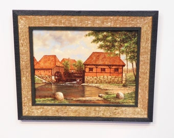 Original Dutch Oil Painting on wood/panel of the oldest Dutch watermill near the city of Haaksbergen, framed and signed