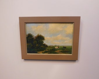 Original Old Dutch Oil Painting on wood/panel, Dutch landscape with cows, framed and signed