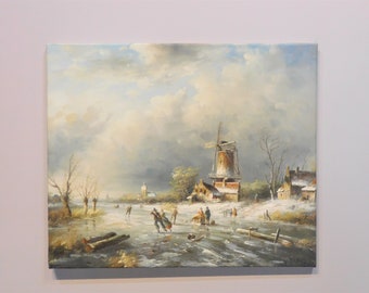 Original Dutch Oil Painting, canvas, Dutch Landscape in the Winter,  Signed