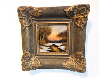 Original Dutch Oil Painting on wood / panel, landscape, Sunset in the Winter, Signed and Framed