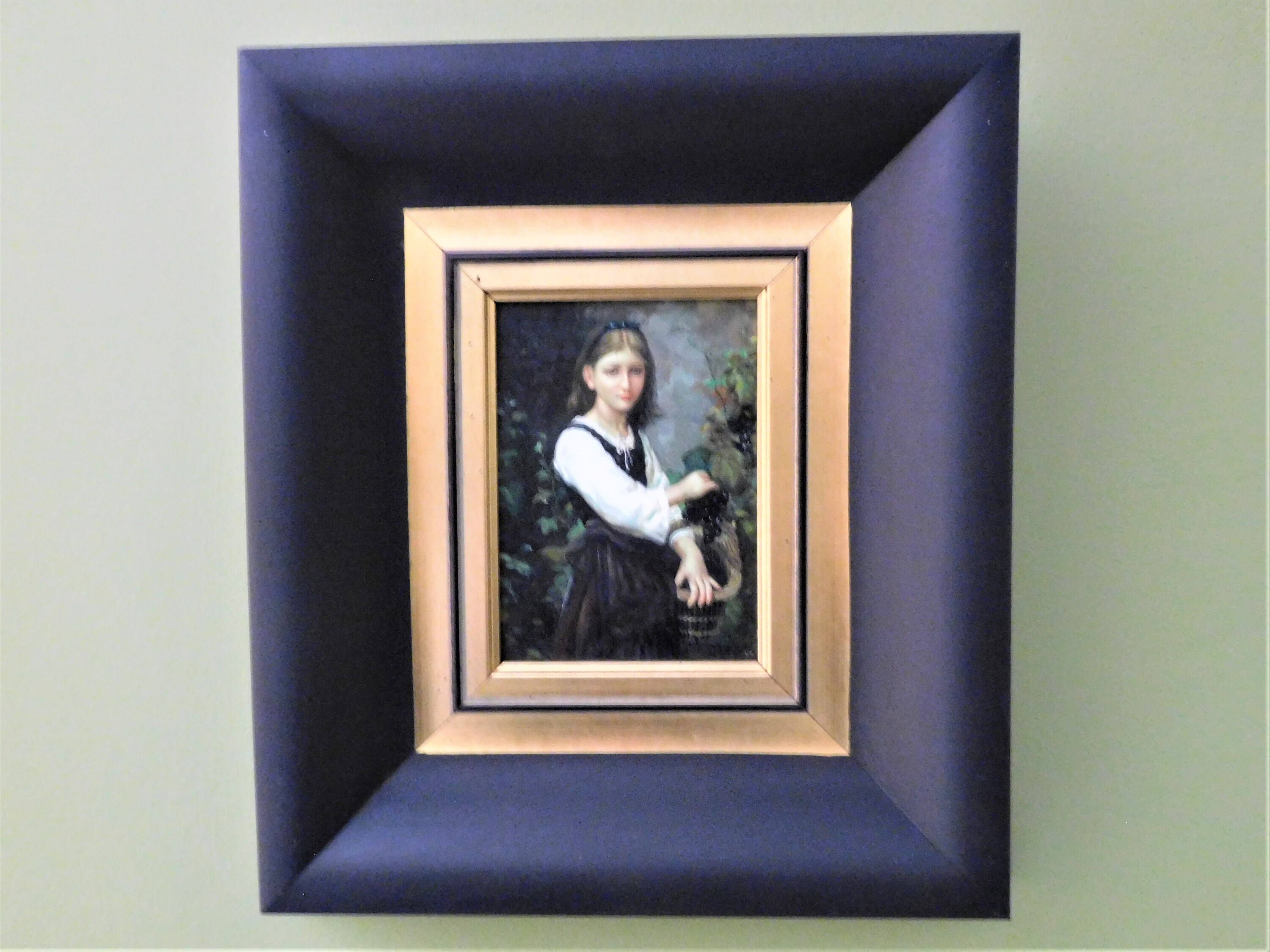 Original  Oil Painting on wood/panel, girl with basket, Framed
