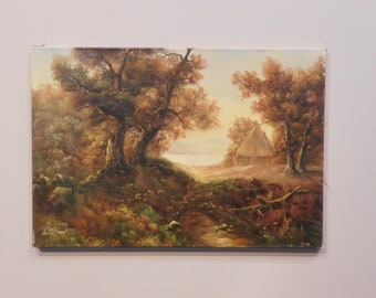 Original Oil Painting on canvas, landscape with barn, Signed