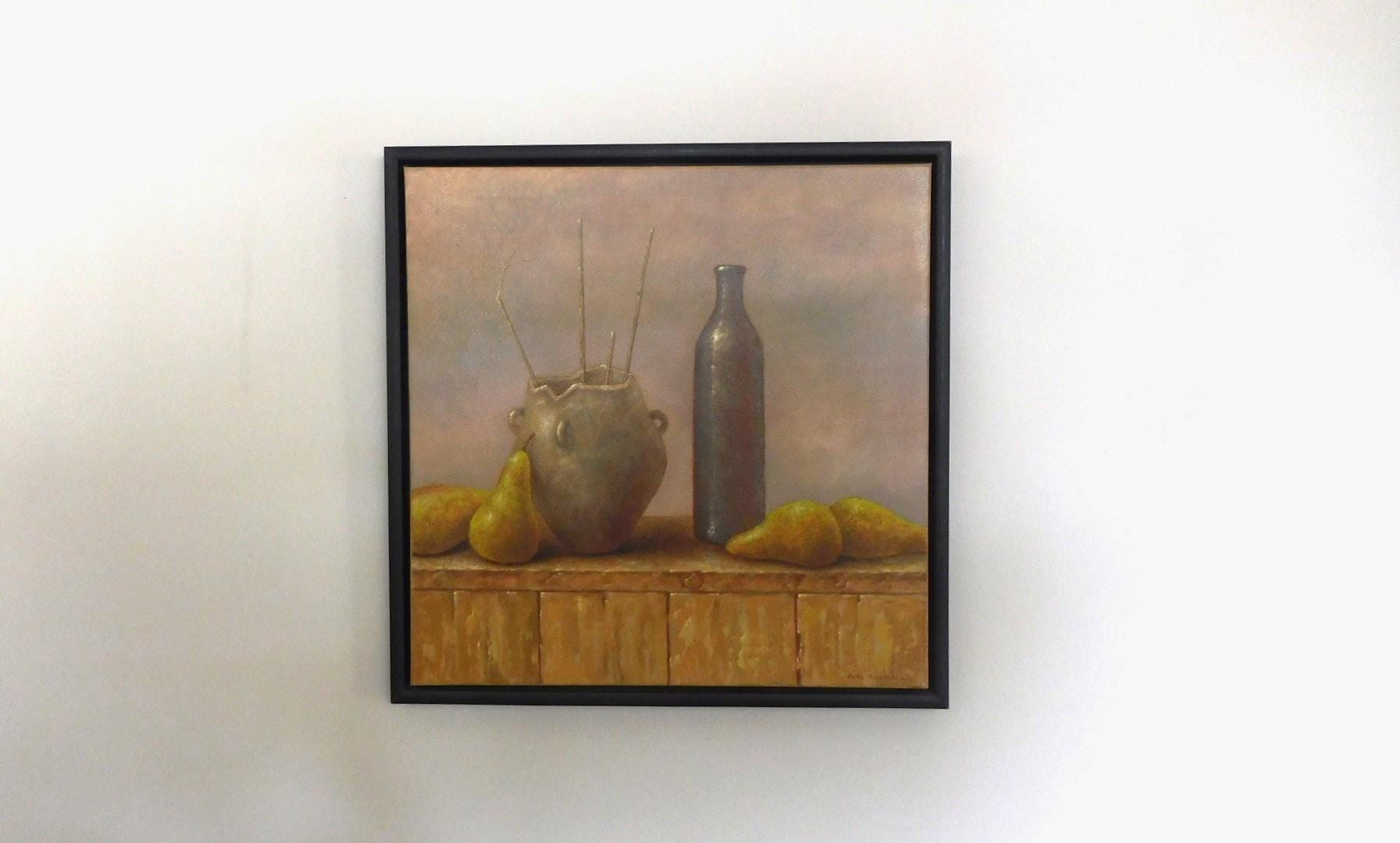 Original Dutch Oil Painting on canvas, still life with a bottle and 4 pears, signed and framed