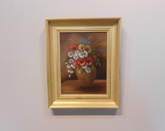 Original Framed Dutch Oil Painting on Canvas, Flowers in vase, signed.