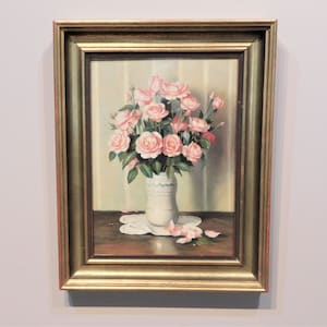 Romantic Oil Painting on wood / panel, Flower Still Life, framed