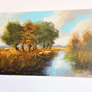 Original Dutch Oil Painting on canvas, Dutch landscape with boat, signed