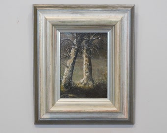 Original Dutch Oil Painting on panel, forest scene with 2 birch trees, framed