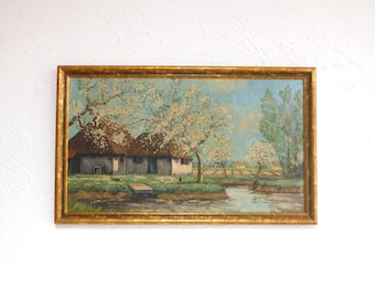 Original Dutch Oil Painting, Trees with blossoms on farmyard, canvas on wood,  framed