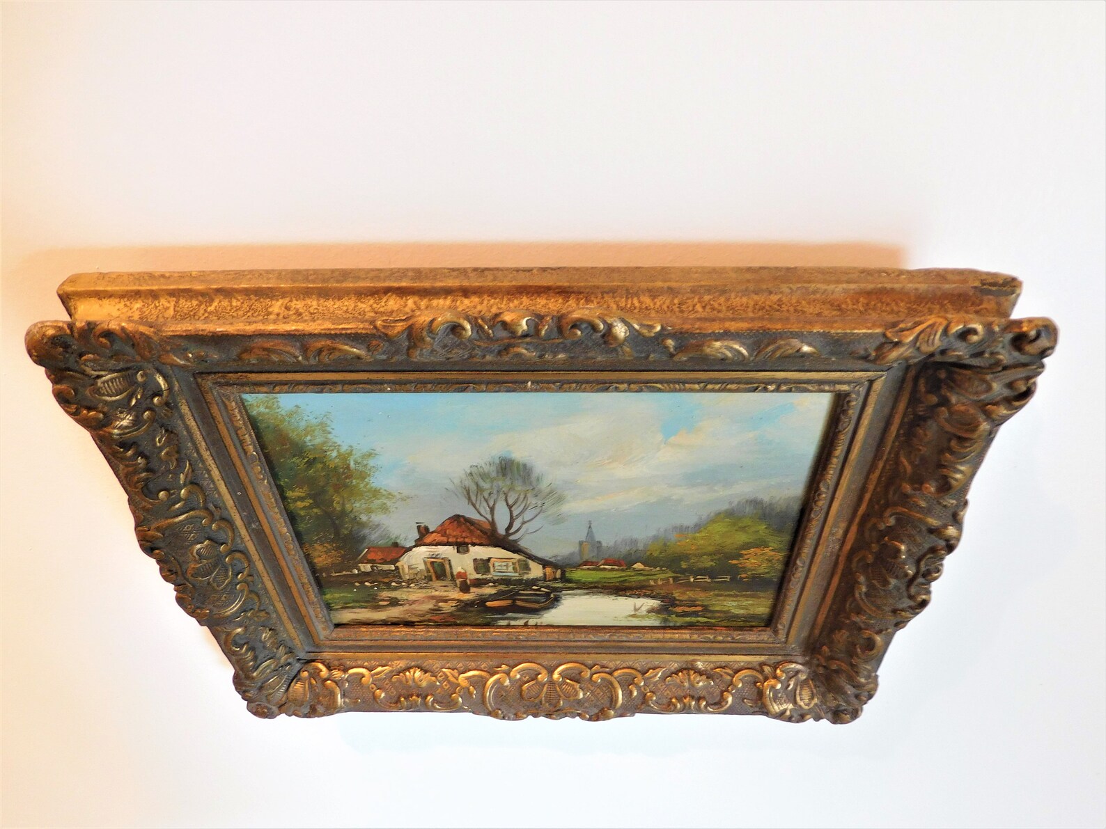 Original Dutch Oil Painting on wood farmhouse on water incl. Etsy