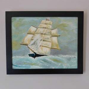 Original Dutch Oil Painting canvas on wood, (maroufé) 3-master, sailing ship, framed and signed