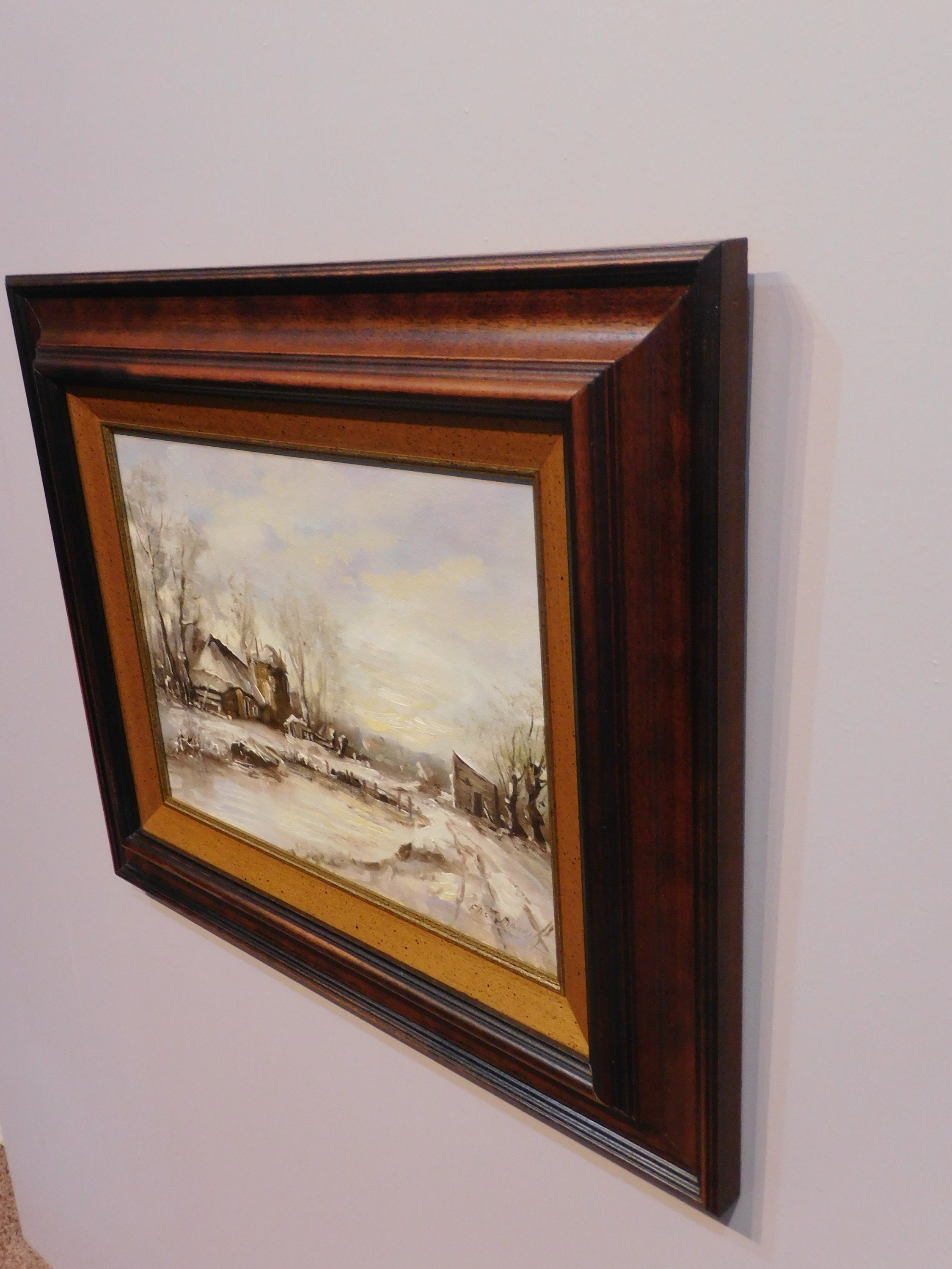 Old Original Dutch Oil Painting on Canvas, Landscape Near the Village — free download