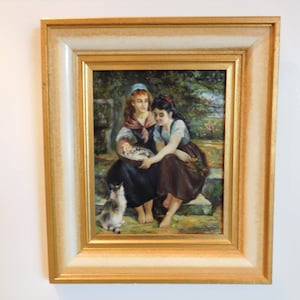 Original  Oil Painting on wood/panel, 2 girls with kittens, Framed