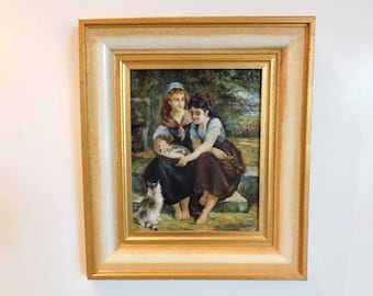 Original  Oil Painting on wood/panel, 2 girls with kittens, Framed