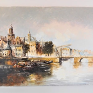 Original Dutch Oil Painting on canvas, Dutch city scene by the Canal in Amsterdam, Signed