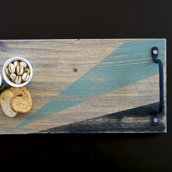 Plateau en bois recyclé pour l'apéritif le thé le café BROWN VINTAGE Turquoise Ray