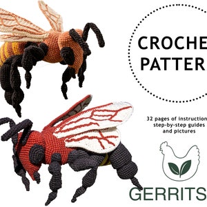 Op de afbeelding: Haakpatroon voor twee amigurumi-bijen, een oranje en gele en een rood en witte. Het patroon bevat 32 pagina's met instructies, stapsgewijze handleidingen en afbeeldingen. Het patroon is van Gerritses.