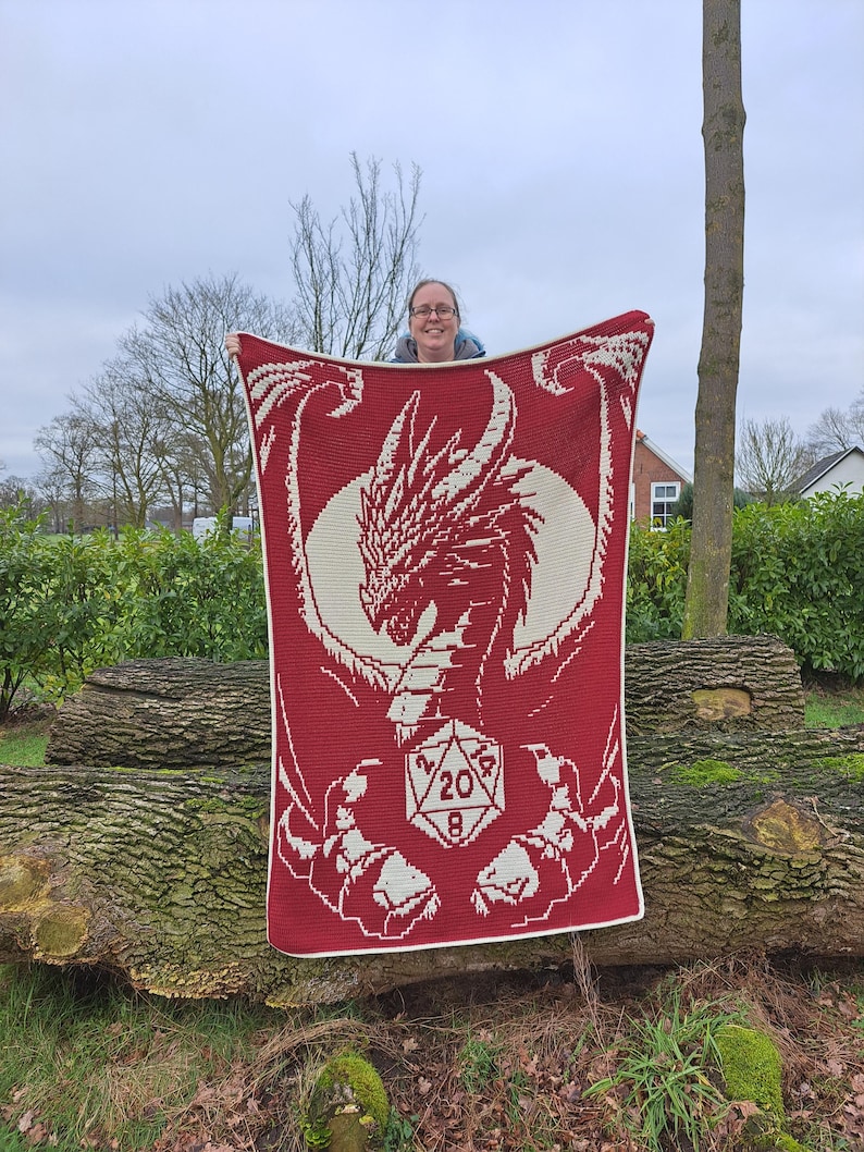 Puede incluir: Una manta de crochet roja con un dise&ntilde;o de drag&oacute;n blanco que sostiene un dado blanco de 20 caras. La manta est&aacute; siendo sostenida por una persona.