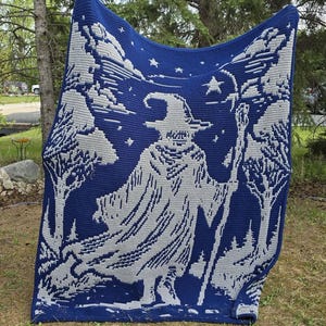 May include: A blue and gray crocheted blanket featuring a wizard design. The blanket depicts a wizard with a staff, surrounded by trees and stars. The blanket is displayed outdoors, draped over a tree branch.