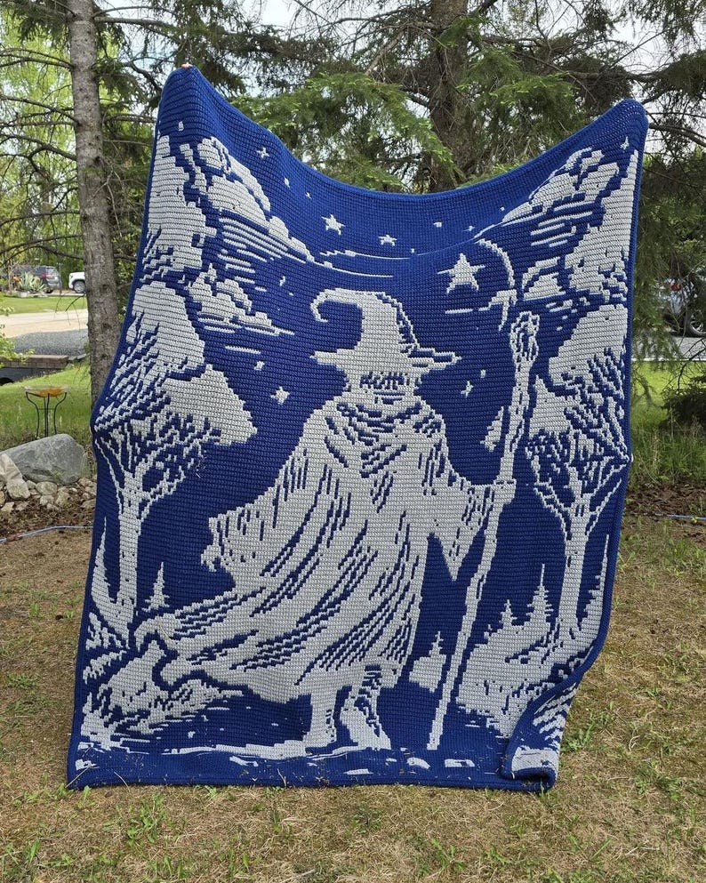 May include: A blue and gray crocheted blanket featuring a wizard design. The blanket depicts a wizard with a staff, surrounded by trees and stars. The blanket is displayed outdoors, draped over a tree branch.