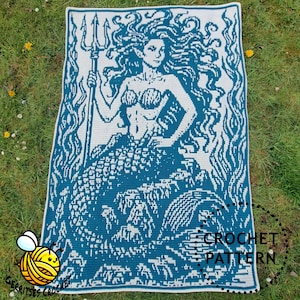 May include: A blue and white crochet blanket depicting a mermaid with a trident. The mermaid has long hair and a detailed tail. The blanket has the words "CROCHET PATTERN" in the bottom right corner.