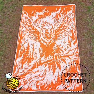 May include: A rectangular crochet blanket featuring a white and orange graphic design of a phoenix rising with wings spread wide. The pattern includes stylized flames and forest elements. The text CROCHET PATTERN is visible in the bottom right corner.
