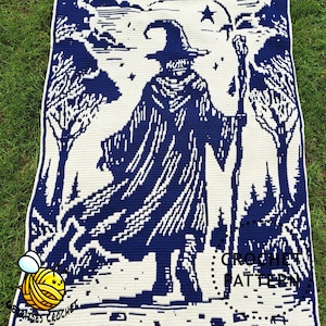 voie du sorcier | Couverture en mosaïque au crochet avec superposition de magicien fantastique, motif PDF