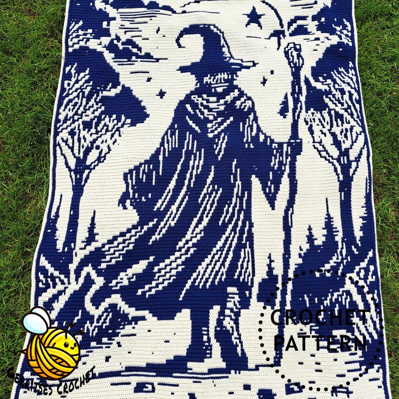 May include: A crochet blanket featuring a wizard design in navy blue and cream. The wizard is depicted with a staff, hat, and cloak, set against a backdrop of trees and stars. The words "CROCHET PATTERN" are visible.